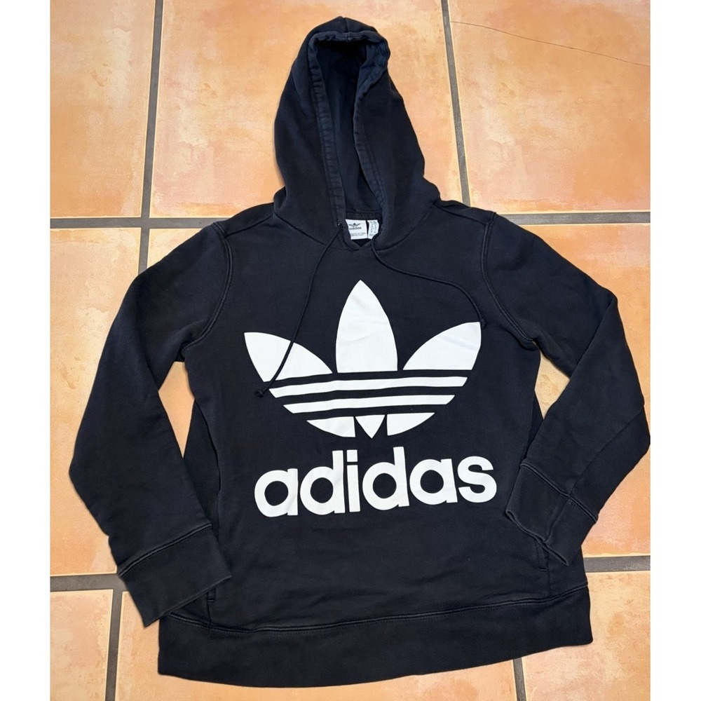 Adidas Hoodie Women Small Black Big Trefoil 3 Stripe Logo Pullover Sweatshirt